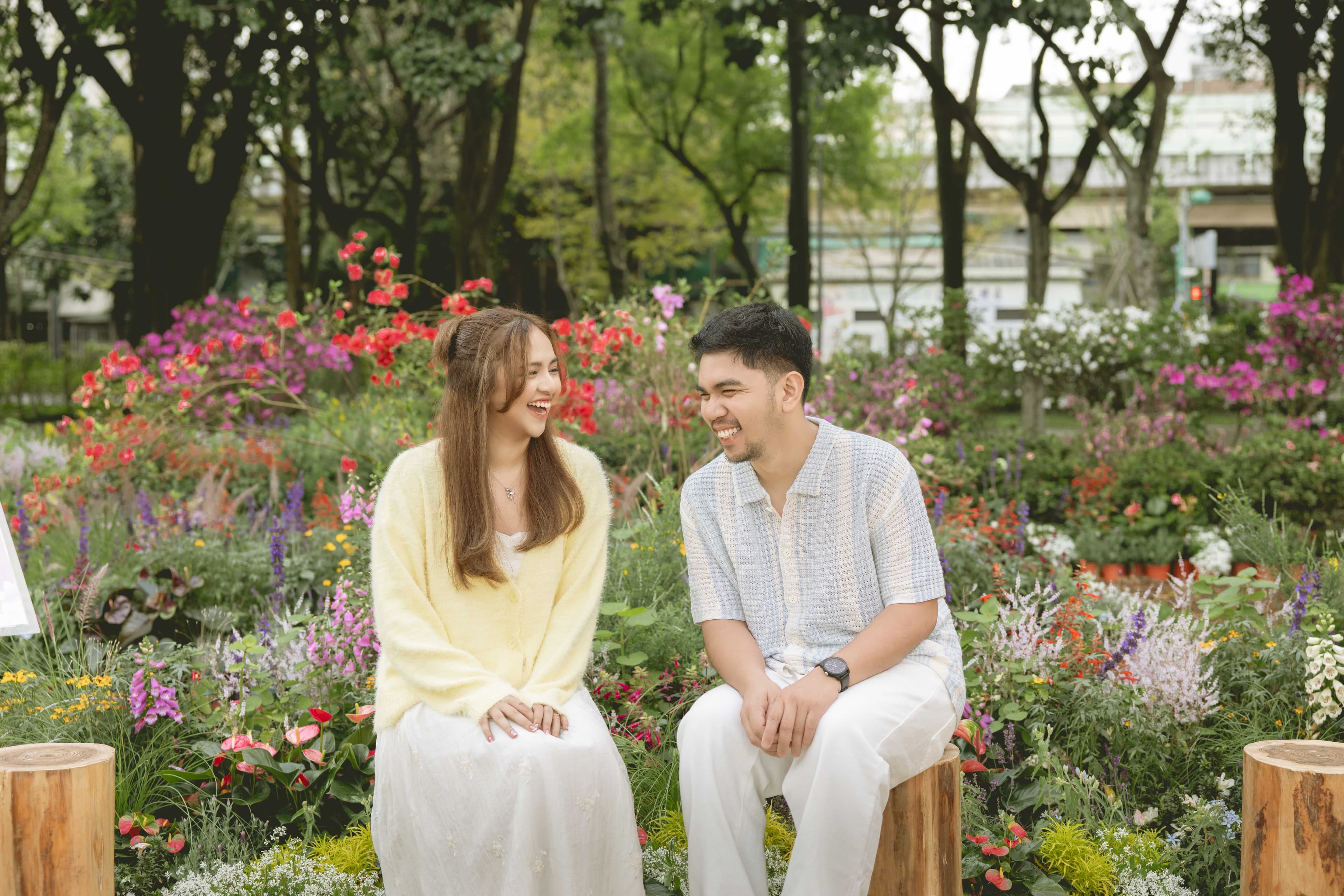 Prenup photo of the couple in the garden